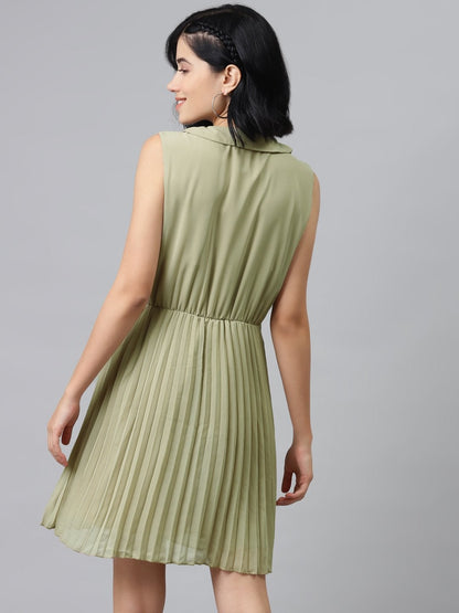Women's Olive Peterpan Sleeveless Pleated Belted Dress