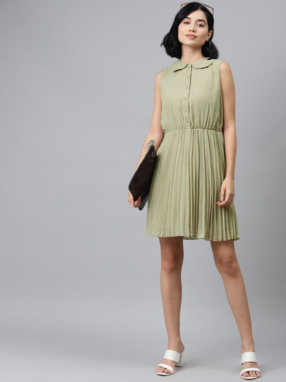 Women's Olive Peterpan Sleeveless Pleated Belted Dress