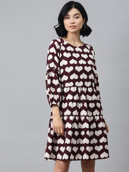Women's Maroon Heart Print Tiered Dress