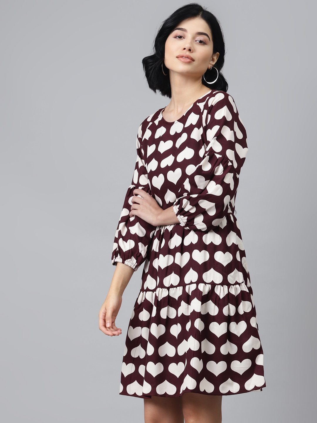 Women's Maroon Heart Print Tiered Dress