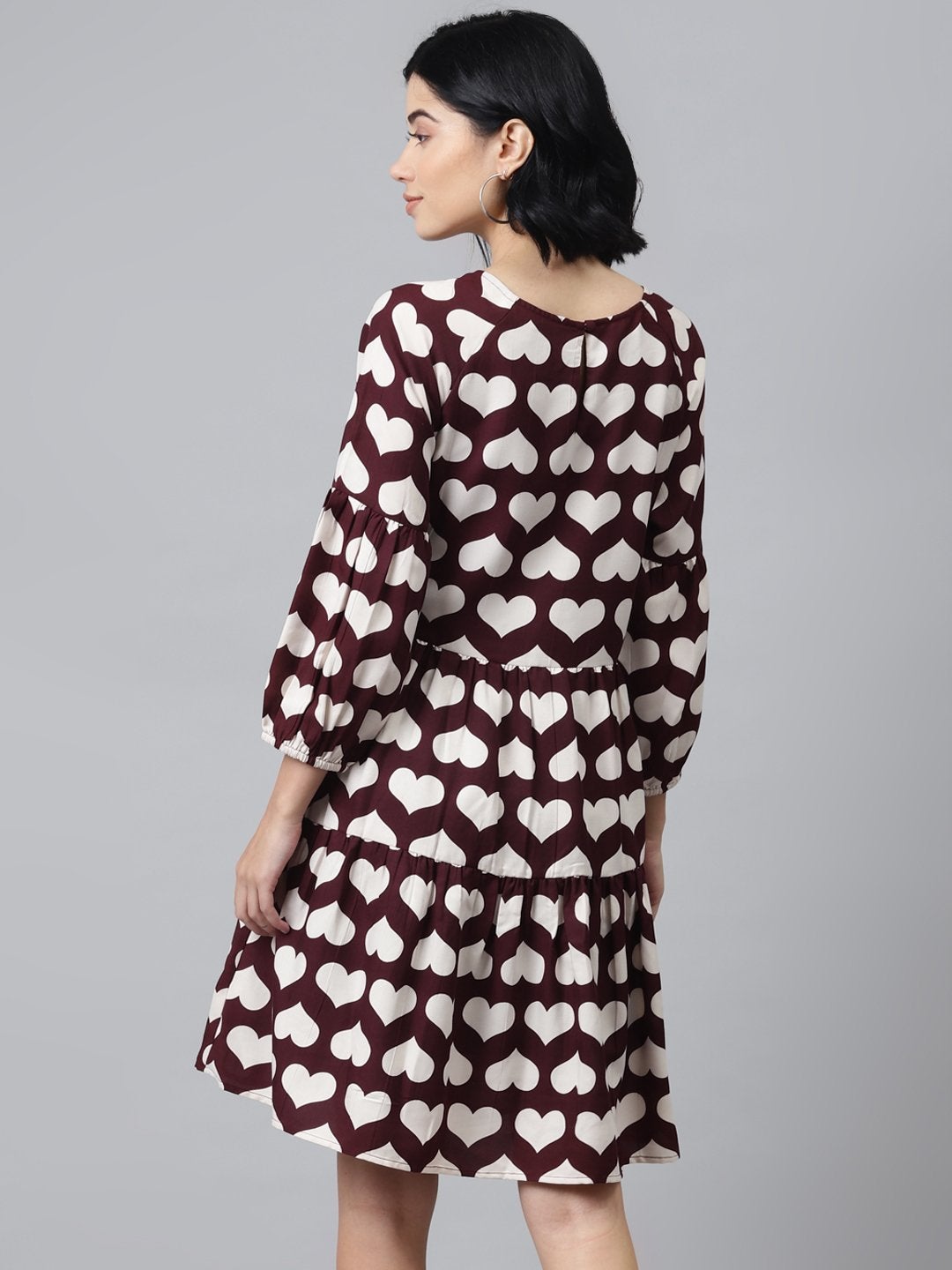 Women's Maroon Heart Print Tiered Dress