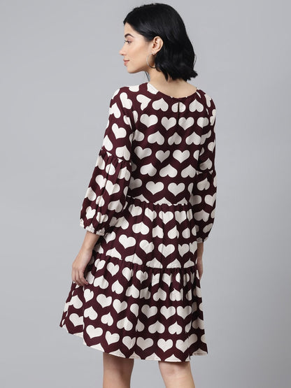 Women's Maroon Heart Print Tiered Dress
