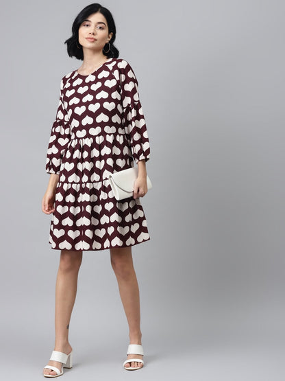 Women's Maroon Heart Print Tiered Dress