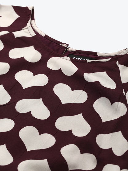Women's Maroon Heart Print Tiered Dress