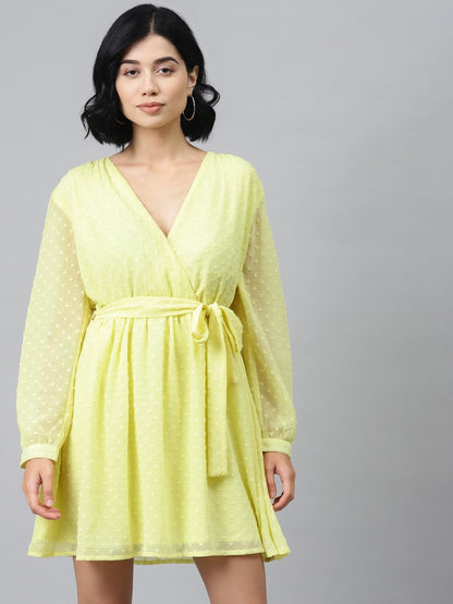 Women's Yellow Wrap Full Sleeves Dress