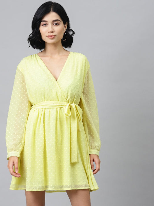 Women's Yellow Wrap Full Sleeves Dress