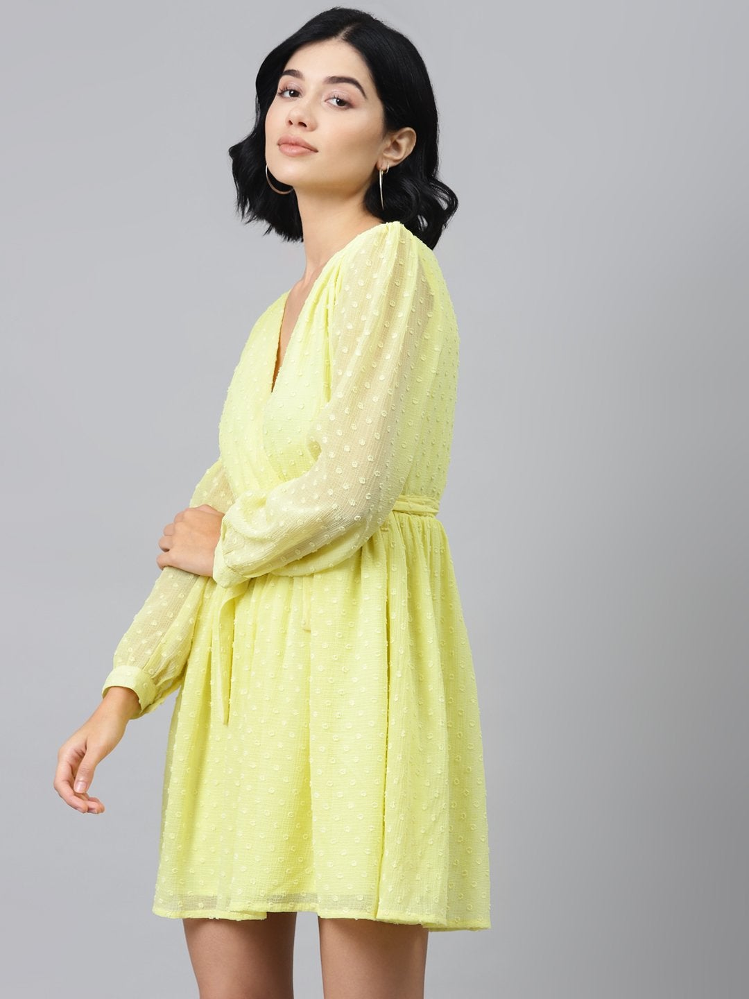 Women's Yellow Wrap Full Sleeves Dress