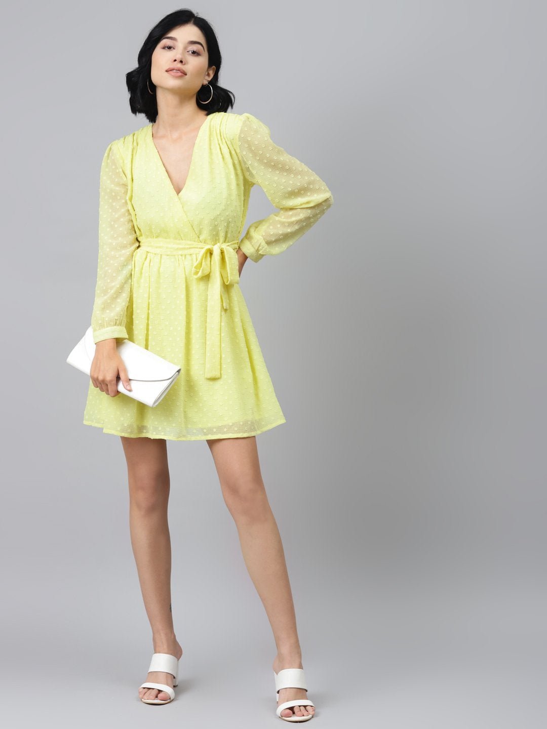 Women's Yellow Wrap Full Sleeves Dress