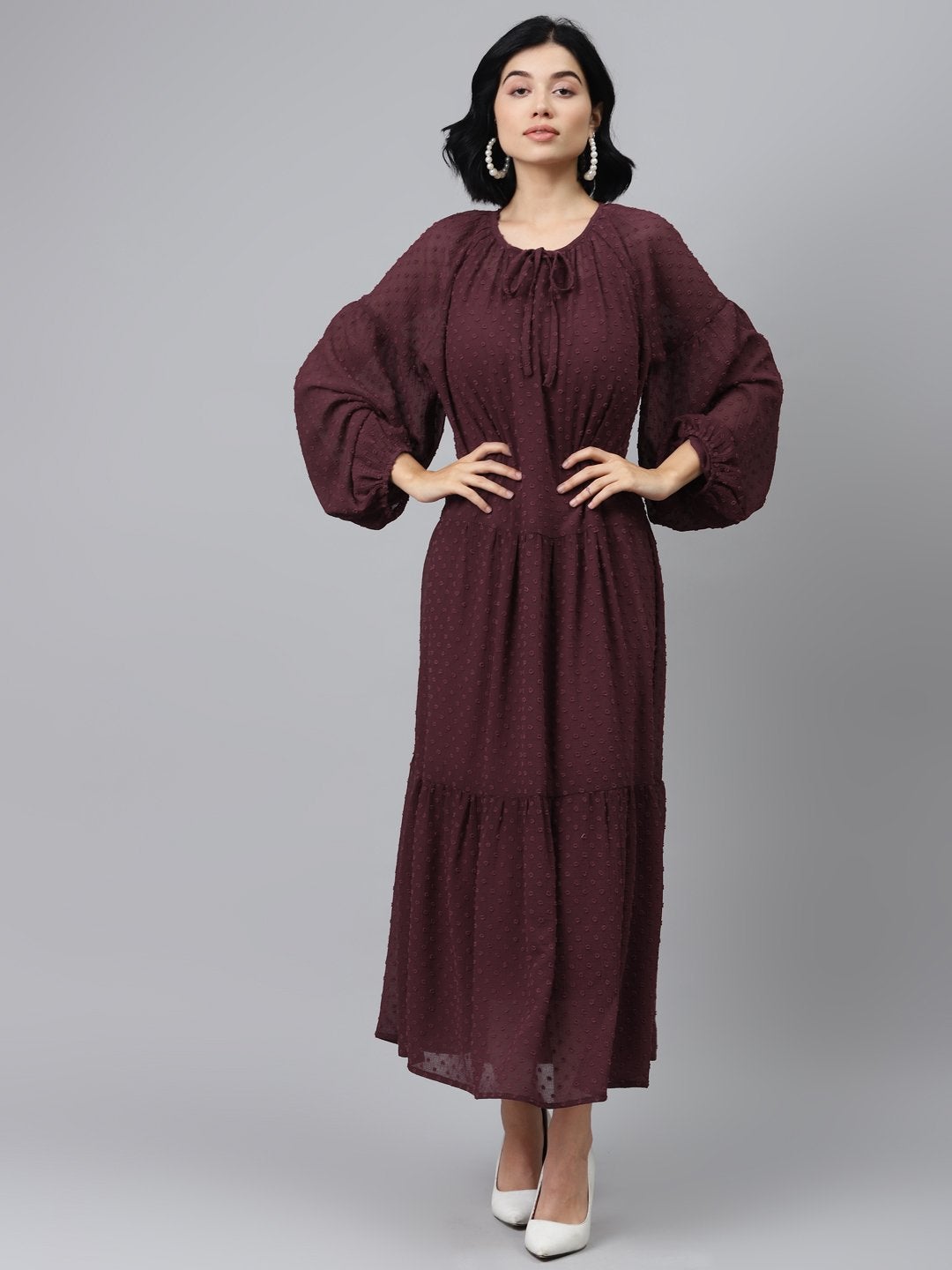 Women's Burgundy Tiered Maxi Dress With Inner