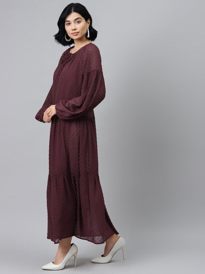Women's Burgundy Tiered Maxi Dress With Inner