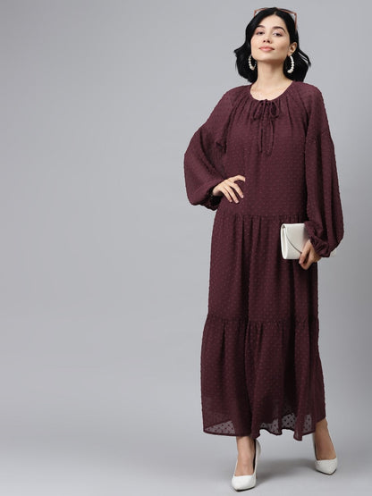 Women's Burgundy Tiered Maxi Dress With Inner