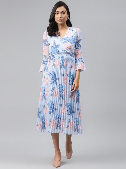 Women's Light Blue Floral Pleated Midi Dress