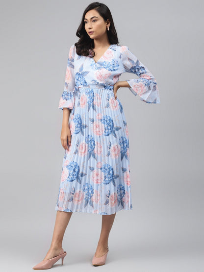 Women's Light Blue Floral Pleated Midi Dress