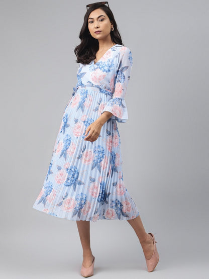 Women's Light Blue Floral Pleated Midi Dress