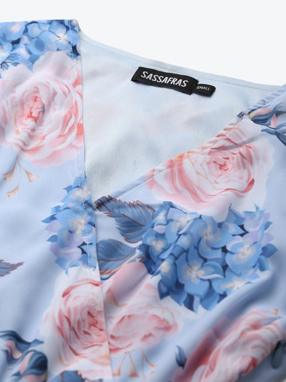 Women's Light Blue Floral Pleated Midi Dress