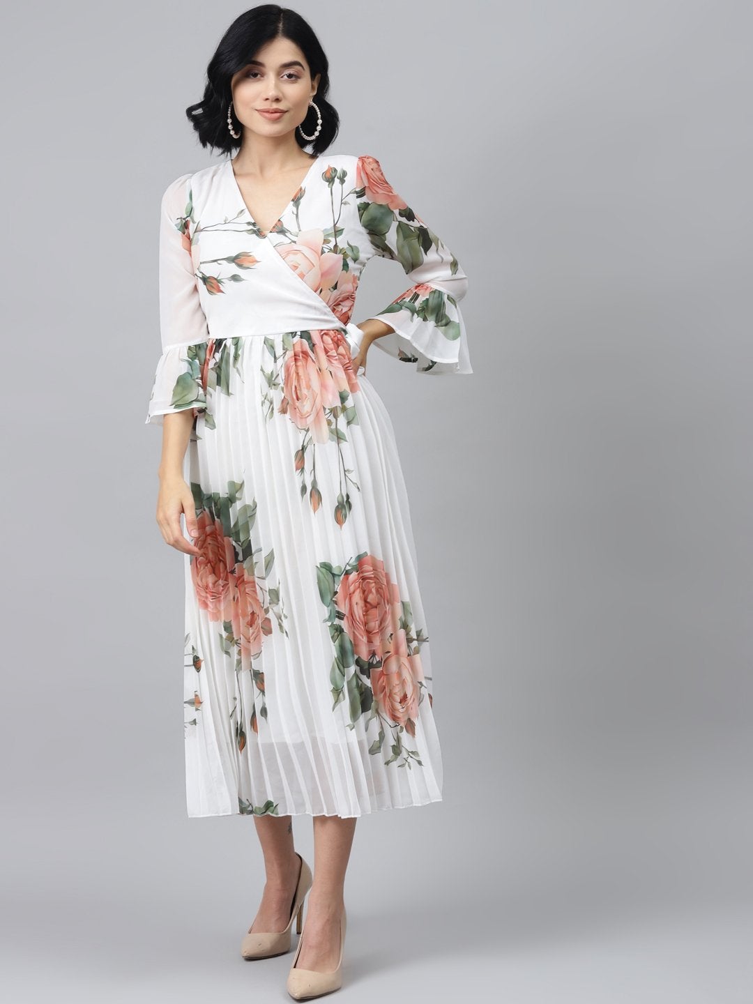 Women's White Floral Pleated Midi Dress