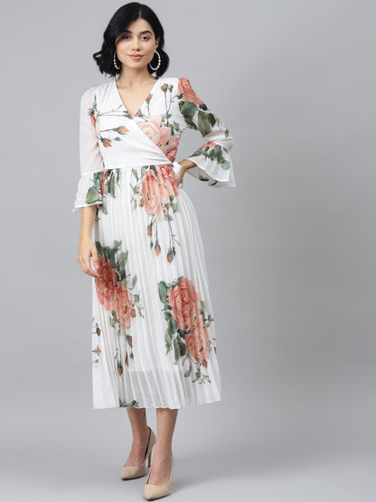 Women's White Floral Pleated Midi Dress