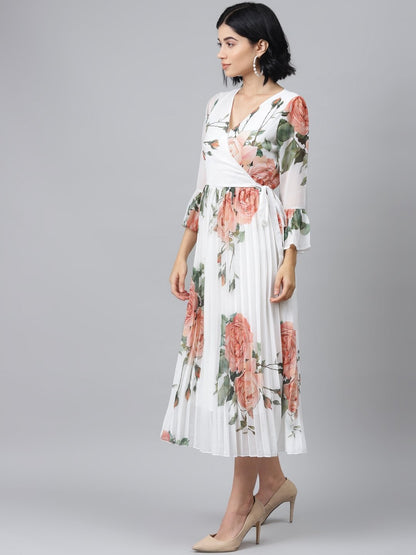 Women's White Floral Pleated Midi Dress
