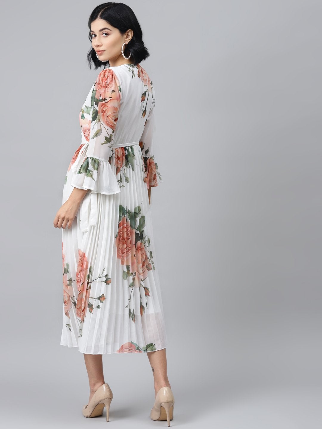 Women's White Floral Pleated Midi Dress