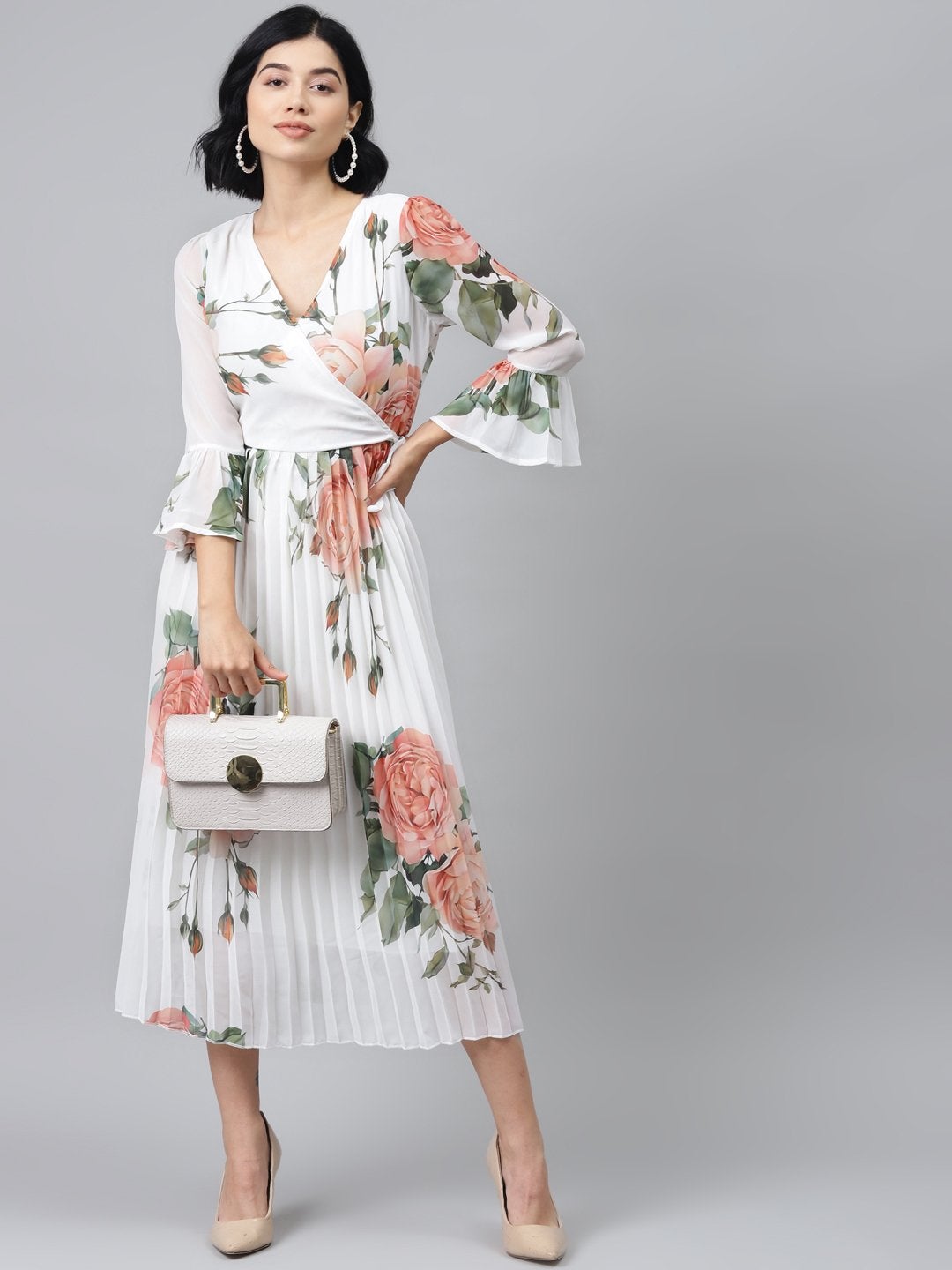 Women's White Floral Pleated Midi Dress
