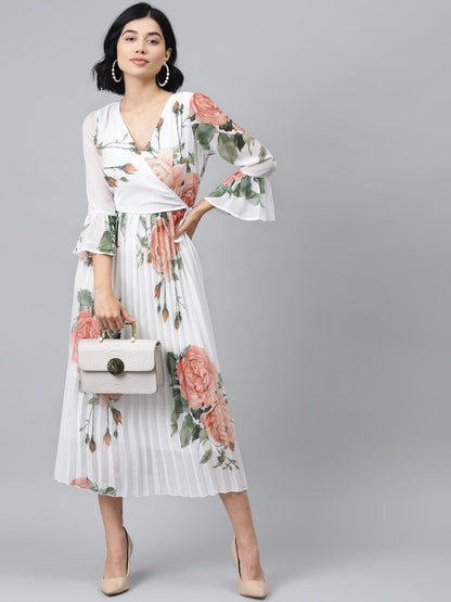 Women's White Floral Pleated Midi Dress