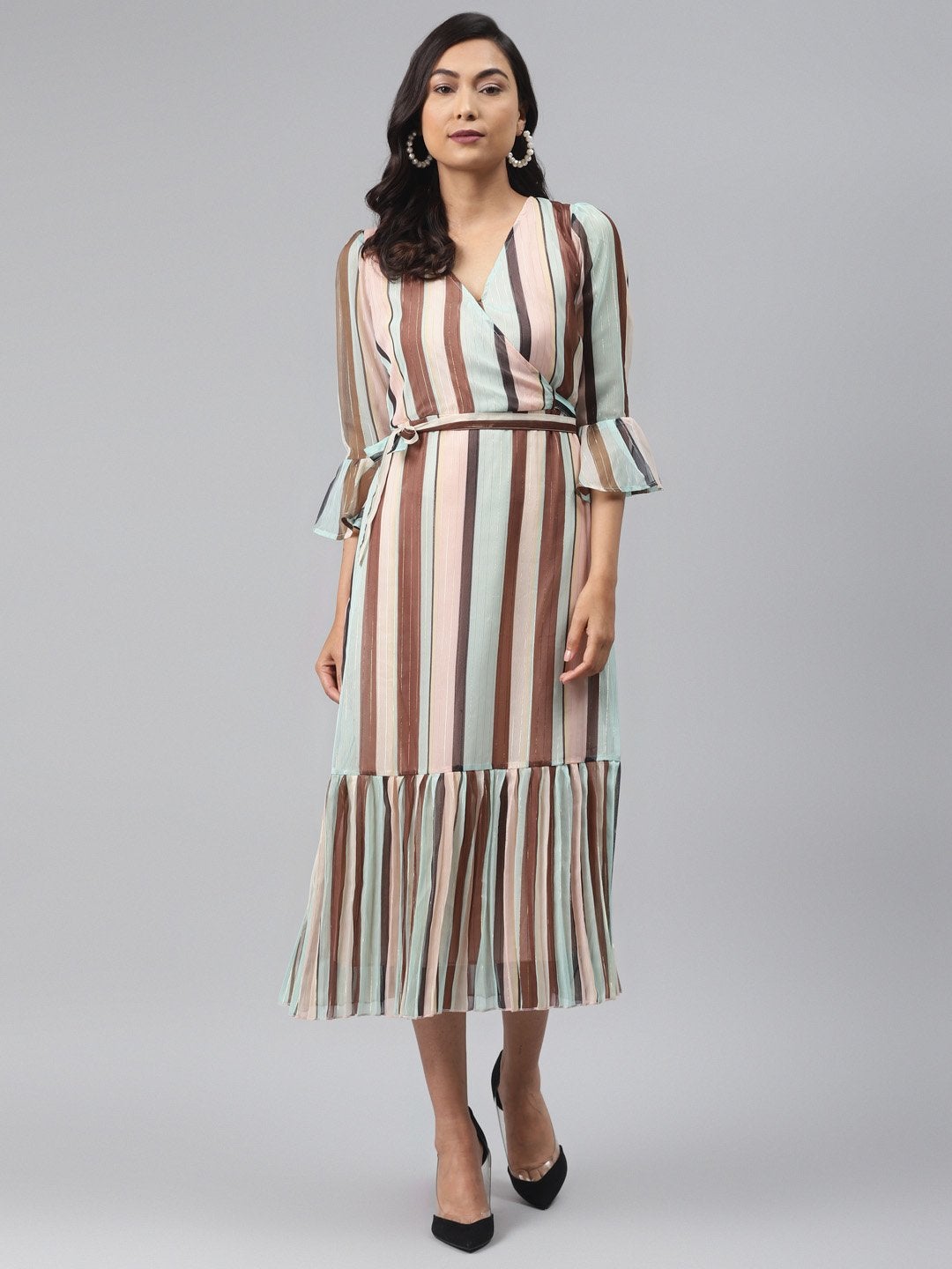 Women's Multi Stripe Lurex Pleated Midi Dress