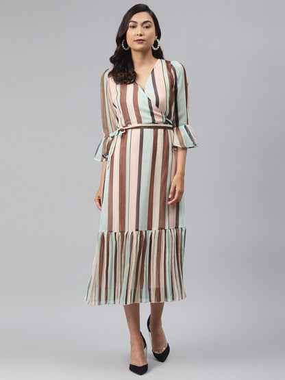Women's Multi Stripe Lurex Pleated Midi Dress