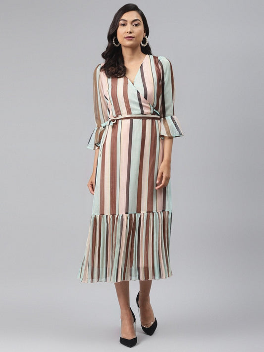 Women's Multi Stripe Lurex Pleated Midi Dress
