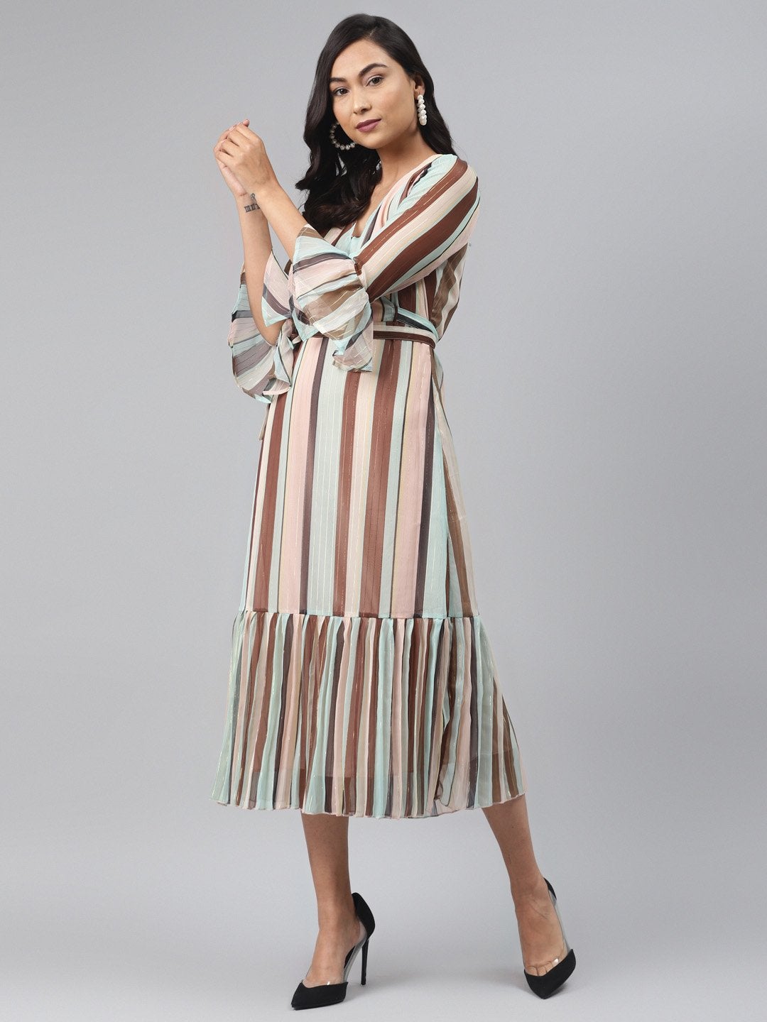 Women's Multi Stripe Lurex Pleated Midi Dress
