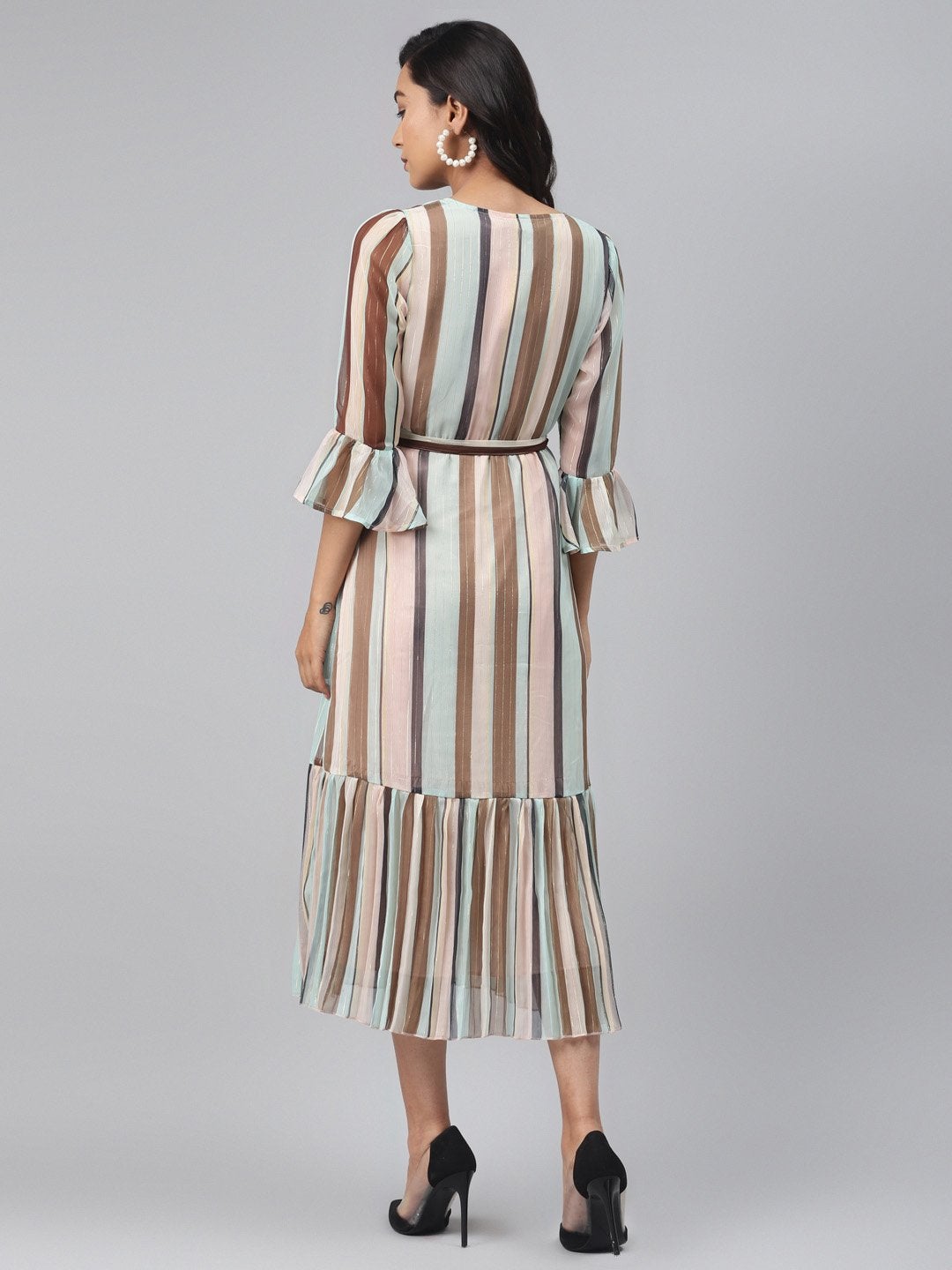 Women's Multi Stripe Lurex Pleated Midi Dress
