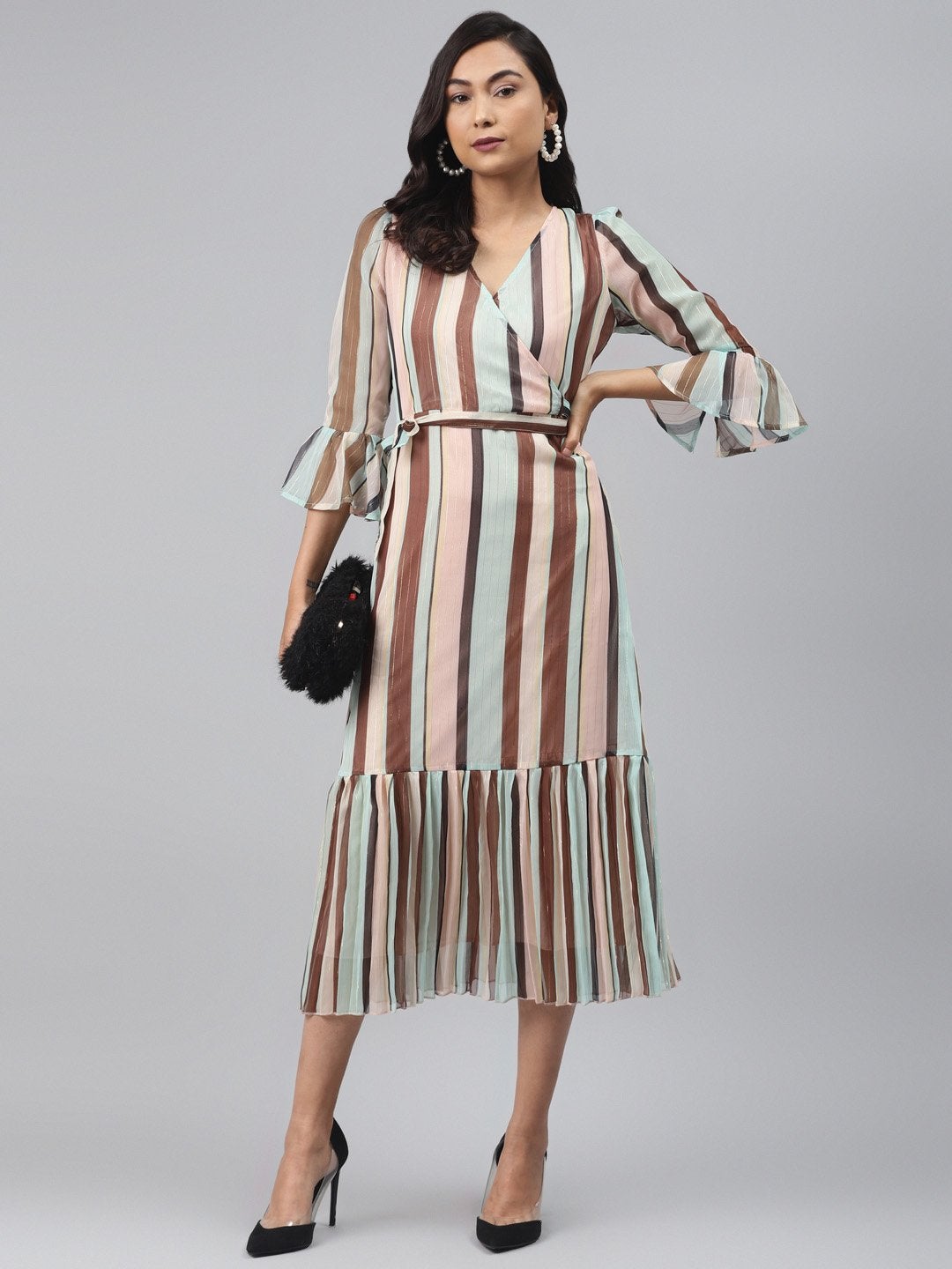 Women's Multi Stripe Lurex Pleated Midi Dress