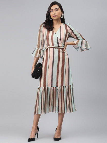 Women's Multi Stripe Lurex Pleated Midi Dress