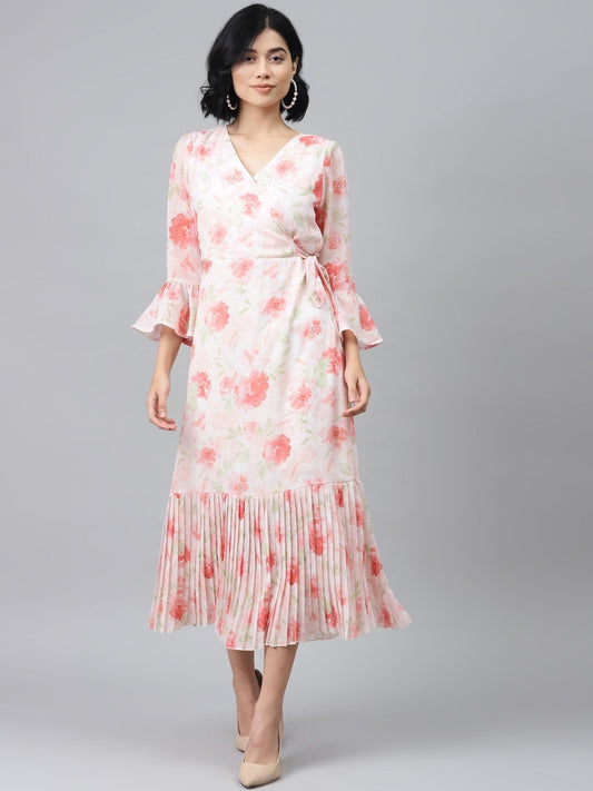 Women's Light Pink Floral Pleated Midi Dress