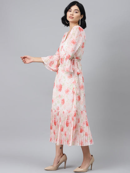 Women's Light Pink Floral Pleated Midi Dress