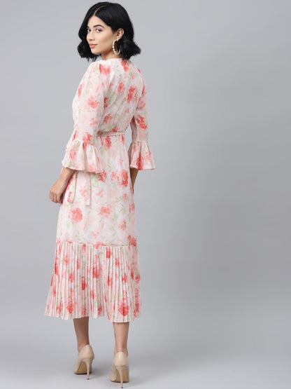 Women's Light Pink Floral Pleated Midi Dress