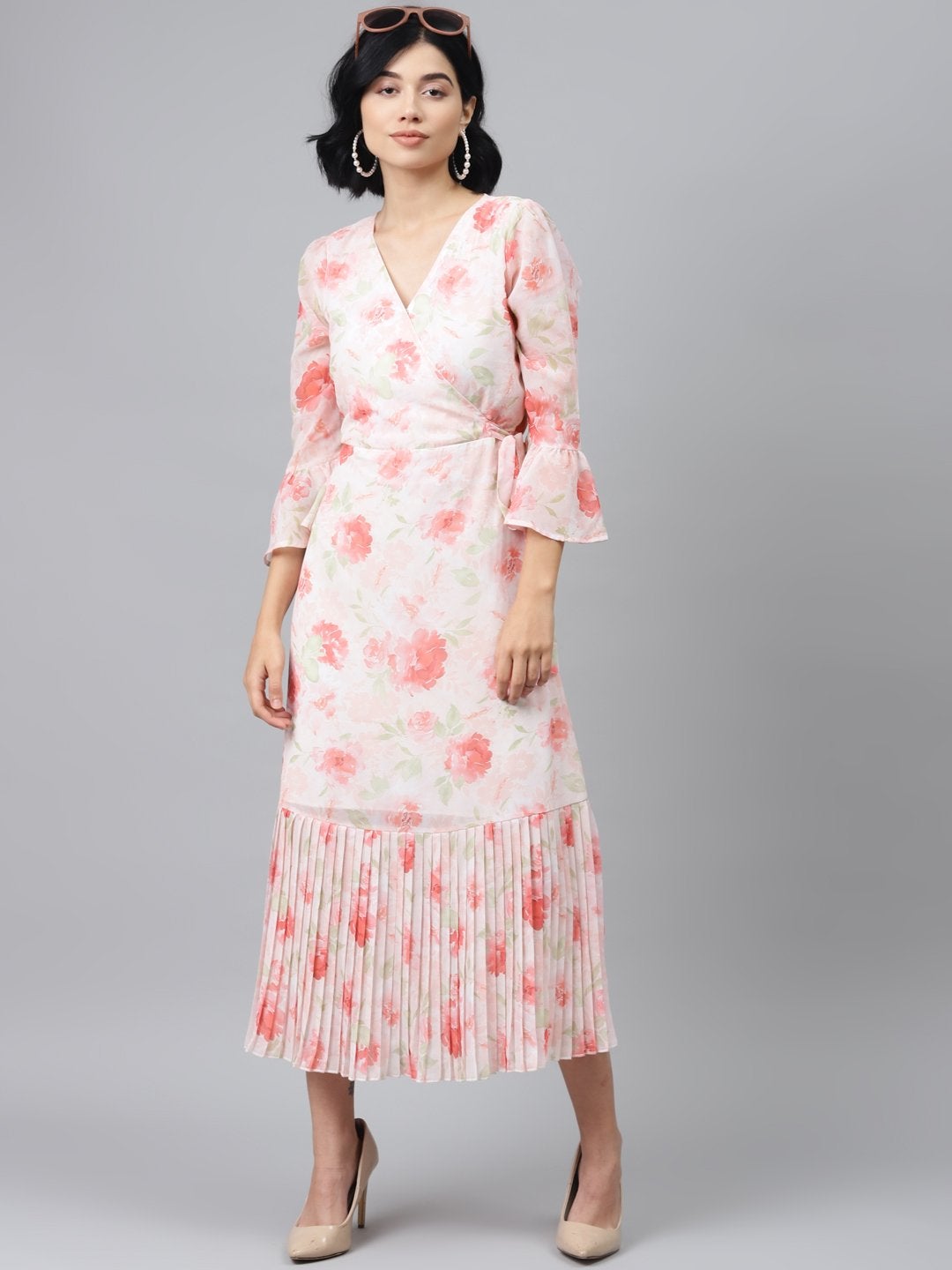 Women's Light Pink Floral Pleated Midi Dress