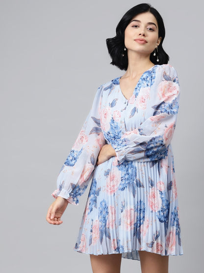 Women's Light Blue Floral Pleated Skater Dress