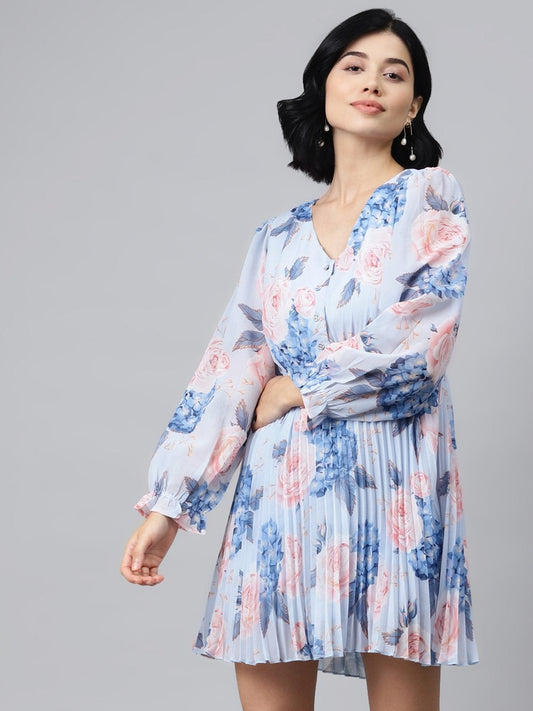 Women's Light Blue Floral Pleated Skater Dress