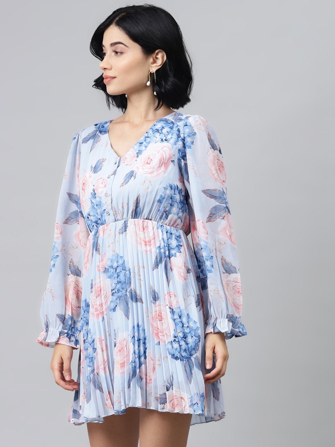 Women's Light Blue Floral Pleated Skater Dress
