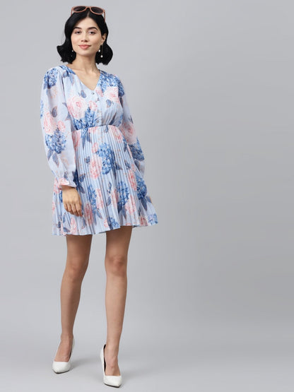Women's Light Blue Floral Pleated Skater Dress