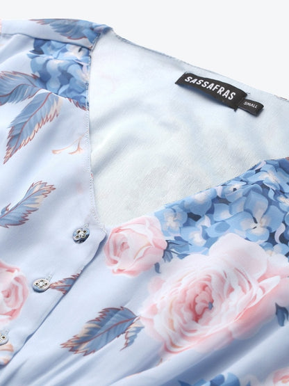 Women's Light Blue Floral Pleated Skater Dress
