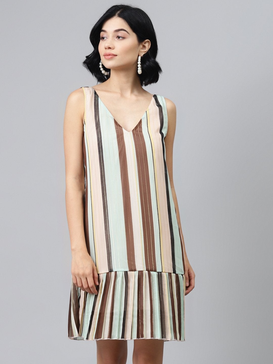 Women's Multi Striped Lurex Pleated Dress