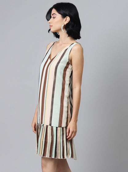 Women's Multi Striped Lurex Pleated Dress