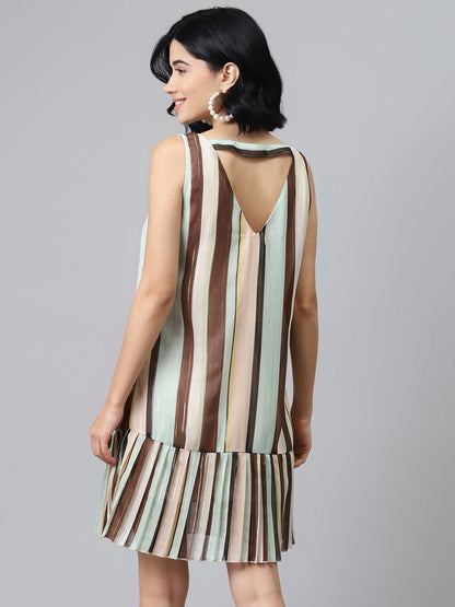Women's Multi Striped Lurex Pleated Dress
