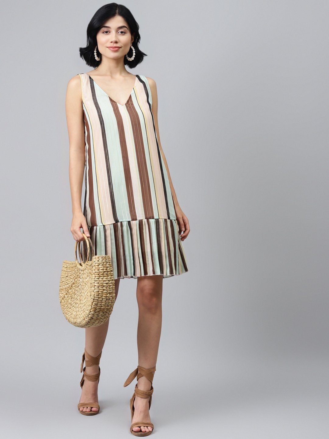 Women's Multi Striped Lurex Pleated Dress