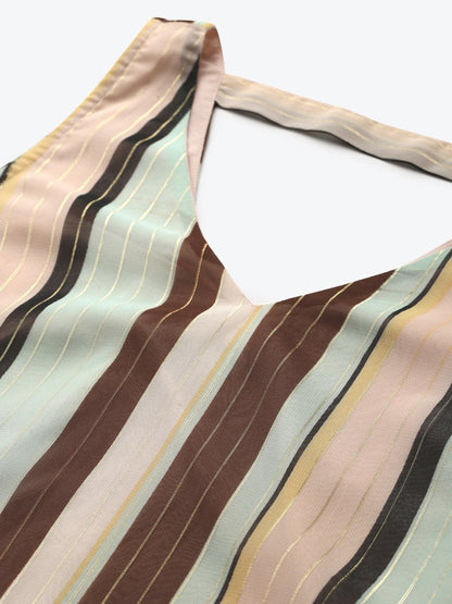 Women's Multi Striped Lurex Pleated Dress
