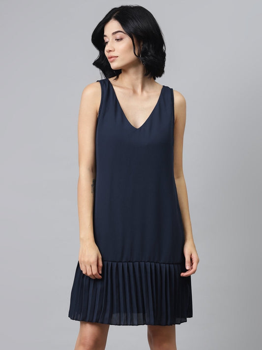 Women's Navy Pleated Frill Hem Dress