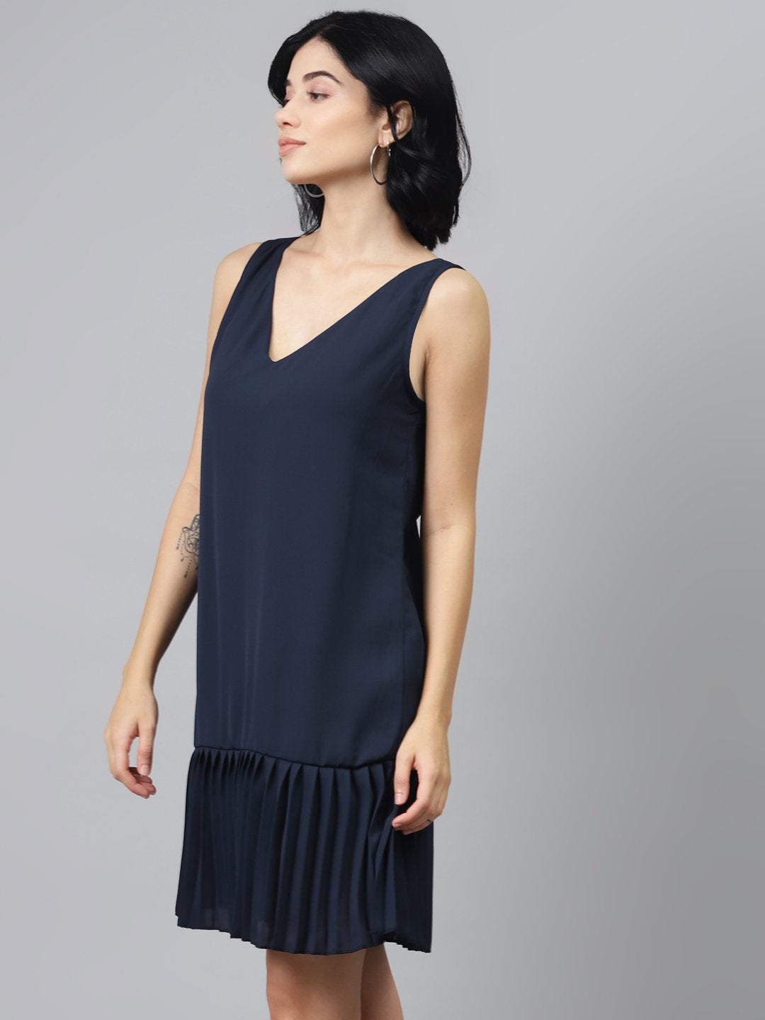 Women's Navy Pleated Frill Hem Dress