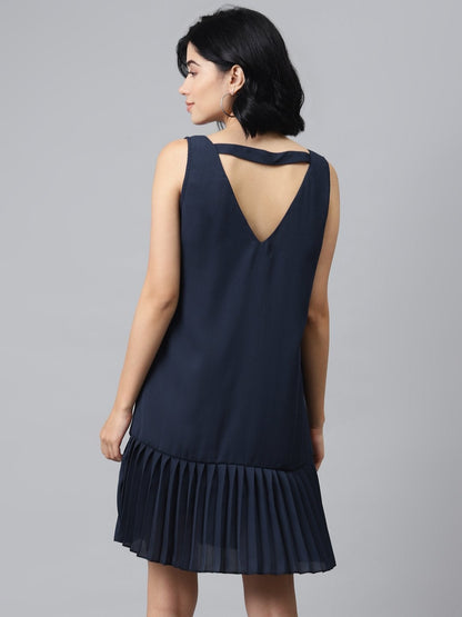 Women's Navy Pleated Frill Hem Dress