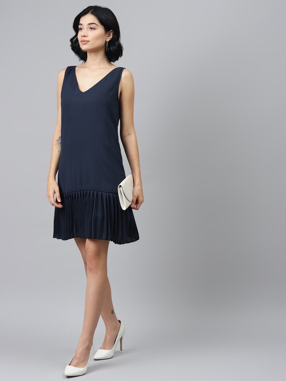 Women's Navy Pleated Frill Hem Dress